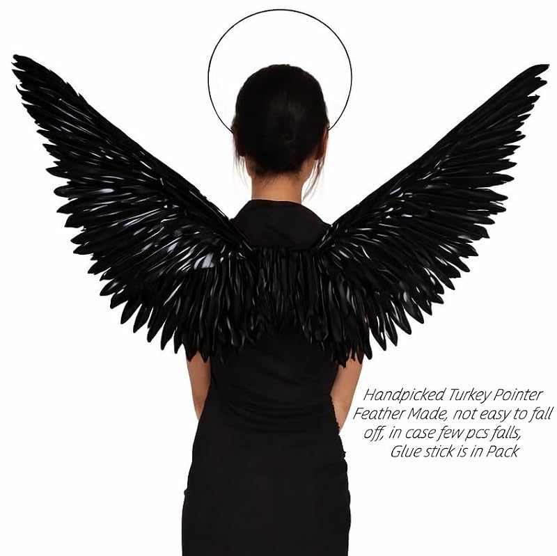 Black Angel Wings and Halo Headband Set Costume Accessory for Adults & Kids - Halloween, Cosplay, Parties (Black)