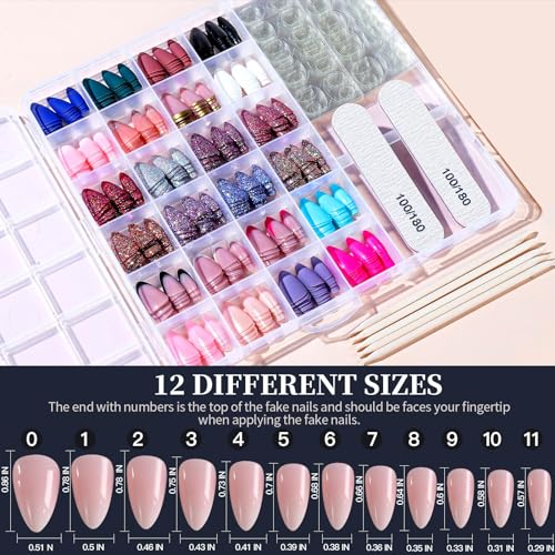 Press On Nails Set - Short Almond Shape with Matte, Glossy, Glitter & French Tips - 24 Colors, 576PCS with Tools