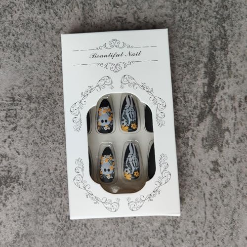 Halloween Fake Nails Press On Almond Nails Ghost Design Black Matte Full Cover