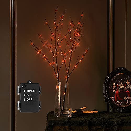 Halloween Tree Branch Lights 32in Black Twig with Orange LED Fairy Lights & Timer - Indoor Outdoor Decoration