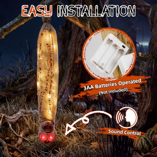 35in Animated Halloween Shaking Mummy Decoration with Red Eyes & Lights - Hanging Horror Prop