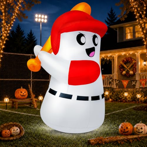 5ft Halloween Inflatable Ghost with Baseball Bat & LED Lights Outdoor Decor