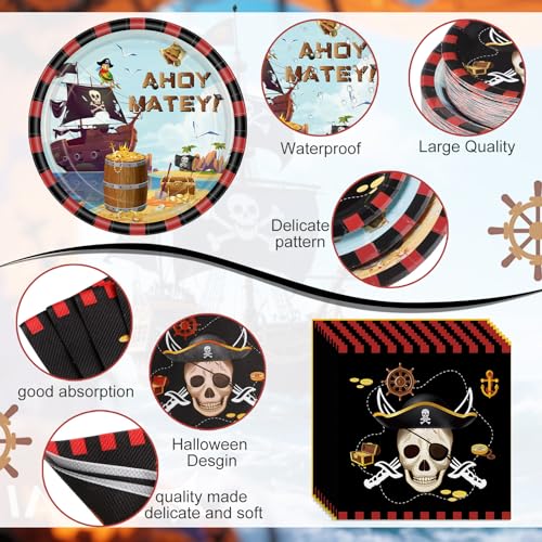 Pirate Party Plates Napkins Cups Cutlery Set for 50 Guests - Red Black Variation