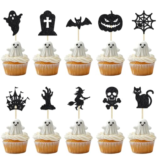 Halloween Cupcake Toppers - 30 Pcs Black Glitter Cake Decorations - Variation of THIS listing