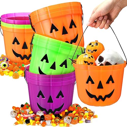 Halloween Pumpkin Candy Buckets Set - 12 Colorful Plastic Pails for Trick or Treat