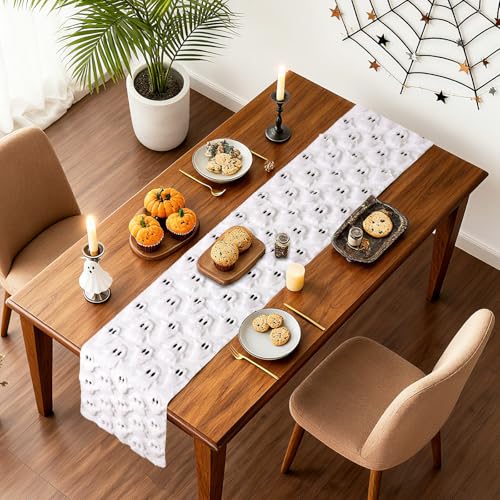 Halloween 3D Ghost Jacquard Table Runner - White, 13 x 72 Inch for Festive Decor