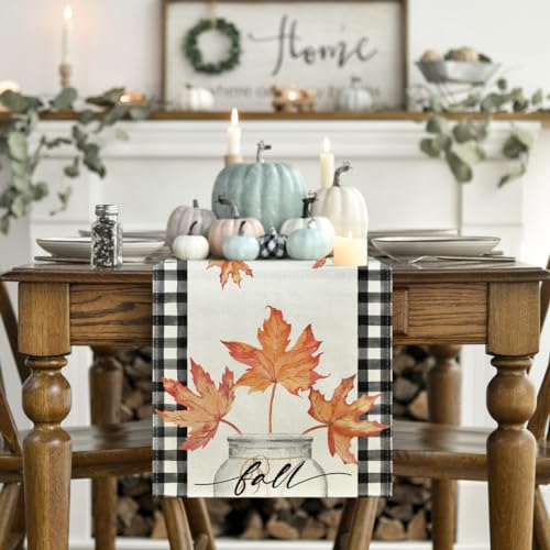 13x90 Inch Buffalo Plaid Fall Table Runner - Beige, Autumn Home Decor