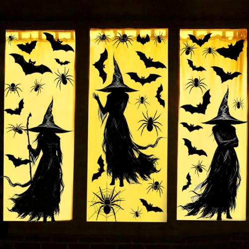 3 Extra Large Halloween Static Window Clings - Black Witch Spider Bat Silhouette Set