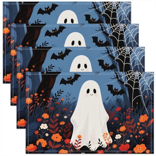 Halloween Ghost Placemats Set of 4 - Watercolor Flower Leaves & Bats, Kids & Kids Girls, Color 05, 12x18 inches