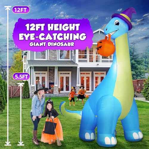 Giant Halloween Inflatable Dinosaur with LEDs, Pumpkin & Witch Hat - Outdoor Yard Decor