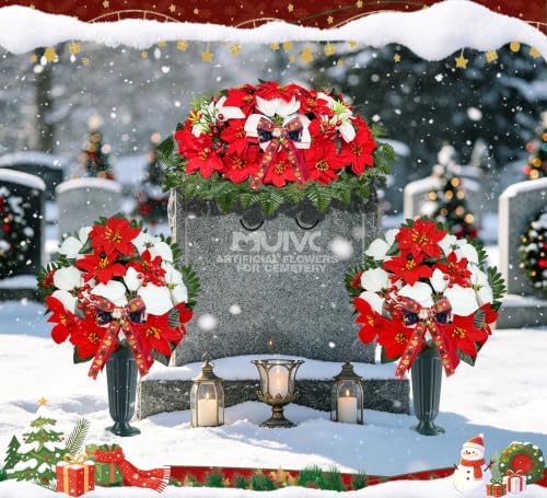 Artificial Christmas Cemetery Flowers Set - Headstone Saddle & Poinsettia Bouquets for Graves