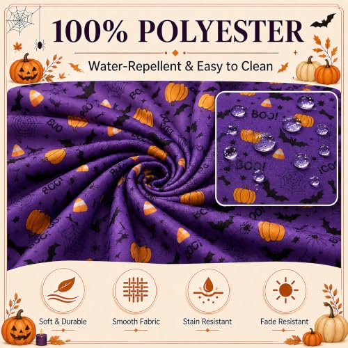 Purple Halloween Round Tablecloth 60 Inch Spooky Pumpkin Bat Design