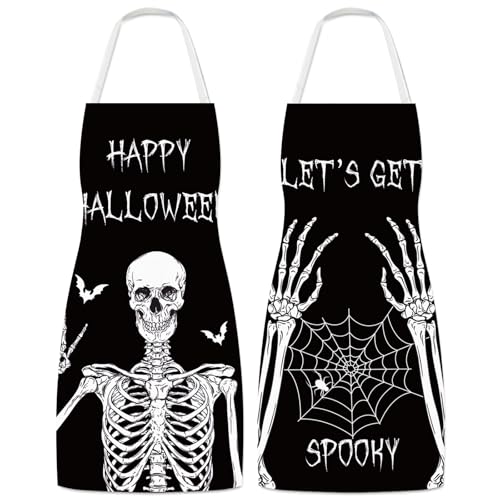 Halloween Skeleton Aprons Set of 2 Spooky Skeleton & Spiderweb Kitchen Aprons - Adjustable, Black & White