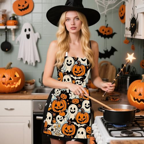 Halloween Funny Apron for Men Women Kitchen Grilling Cooking Pumpkin Ghost Skull