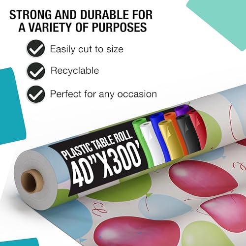 Plastic Table Cover Roll for Parties - 40 x 300 Feet Disposable Banquet Tablecloth - Balloons Variation