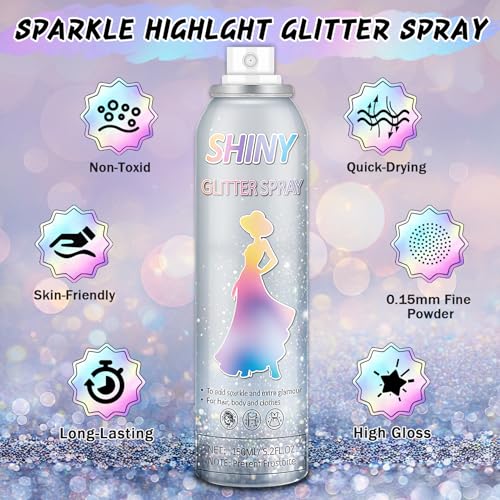 Body Glitter Spray Shiny Silver - Long-Lasting Hair & Body Sparkle 5.2 Fl Oz