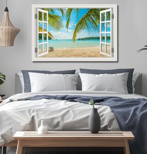 Large Tropical Beach Ocean Canvas Wall Art - Blue Seascape, Ready to Hang, 32x48 Inches, Coastal Living Room Decor - Variation: Palm Tree Style