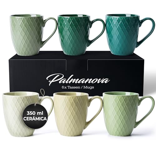 Jungle Green Coffee Mug Set of 6 - Palmanova Collection, 14oz Ceramic Cups