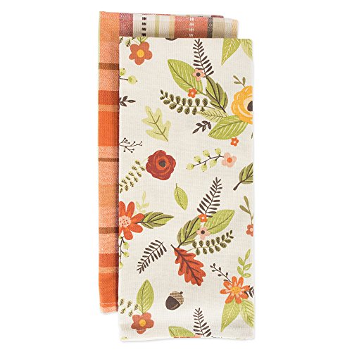 Fall Plaid Dishtowel Set - 2 Cotton Kitchen Towels 18x28 with Floral Design