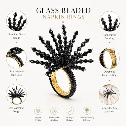Beaded Napkin Rings Set of 12 - Black Glass and Metal Dining Accessories