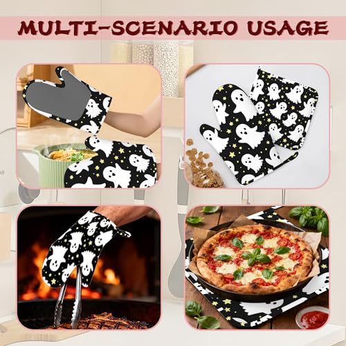 Halloween Ghosts Heat-Resistant Silicone Oven Mitts & Pot Holders Set - Long Non-Slip Kitchen Gloves