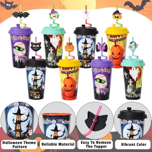 100 Pack Halloween Plastic Cups with Lids & Silly Straws - Festive Party Favors