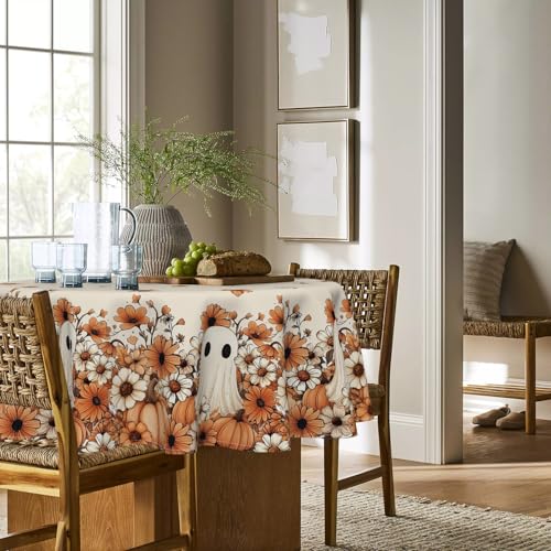 Halloween Tablecloth 90x90 Inch Round Ghost Pumpkin Orange - Beige Variation