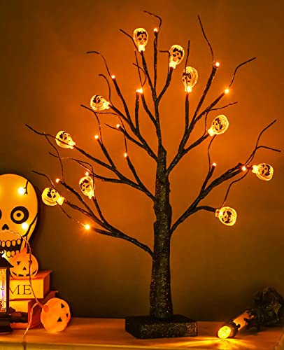 Lighted Halloween Tree with Pumpkin Ornaments - Black Spooky Bonsai Decor, 18 Inch Indoor Tabletop Decoration