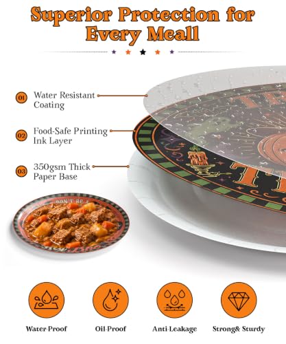 Heavy-duty Halloween Paper Plate & Napkin Set - Black Orange Mix, Round 9in & 7in, Disposable Party Supplies with Spooky Gothic Design
