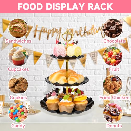 Black Plastic 3-Tier Cake Stand with Metal Rod - Dessert Display for Parties
