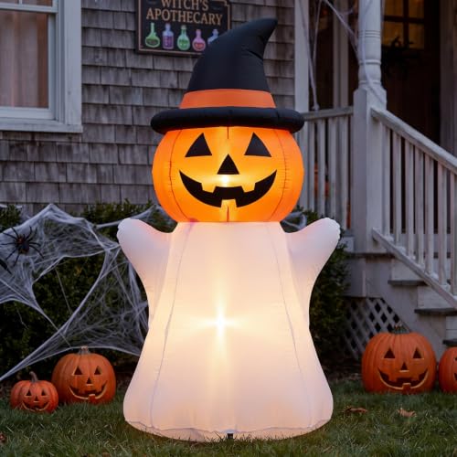 Pinkunn 5Ft Halloween Inflatable Pumpkin Ghost Decoration - Outdoor Scene, LED Light, Easy Setup, Variation: Pumpkin Ghost / 5ft