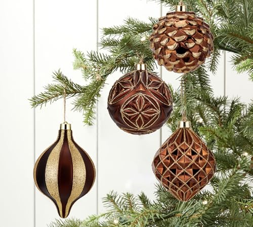 Christmas Ornaments Set - Brown & Gold Shatterproof Tree Balls, 4.7 Inch - Hollyone