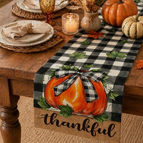 Fall Table Runner with Buffalo Plaid Bowknot Pumpkin Thankful Decor for Dining Table