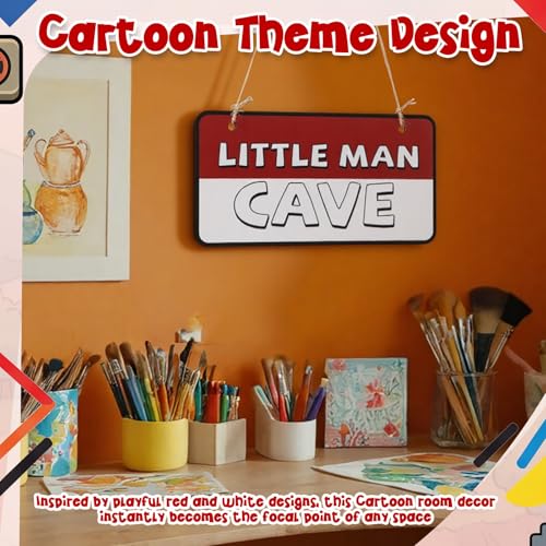Wooden Little Man Cave Sign - Red & White Door Decor, 11.8 x 6 Inches