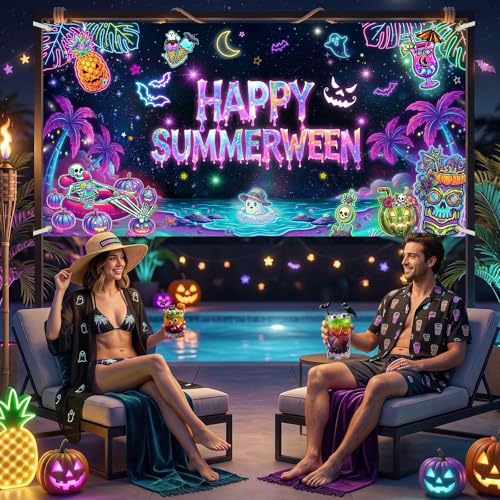 Summerween Halloween Banner - Tropical Pink Pumpkin Wall Decor 70.8x35.4 Inches