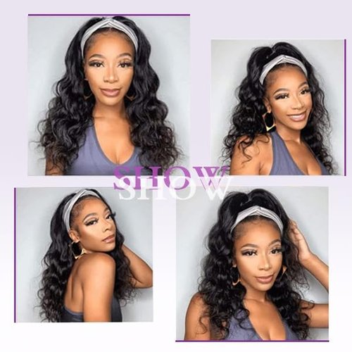 Prisyfab Body Wave Headband Wig Headband Wigs for Black Women Human Hair Glueless Wear and Go Glueless 100% Brazilian Virgin Human Hair Headband Wig 150% Density (16inch)