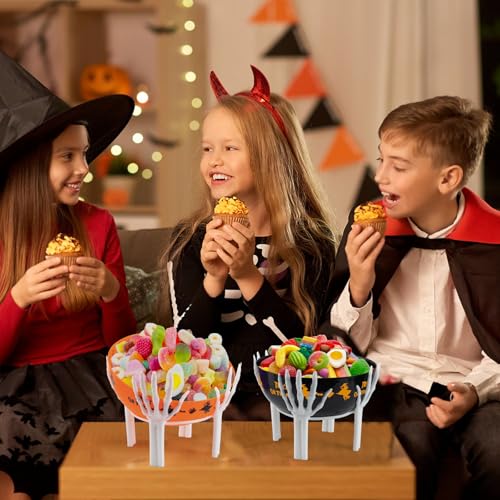 Halloween Candy Bowl Set - 10 Inch Large Plastic Trick or Treat Baskets with Holder - White