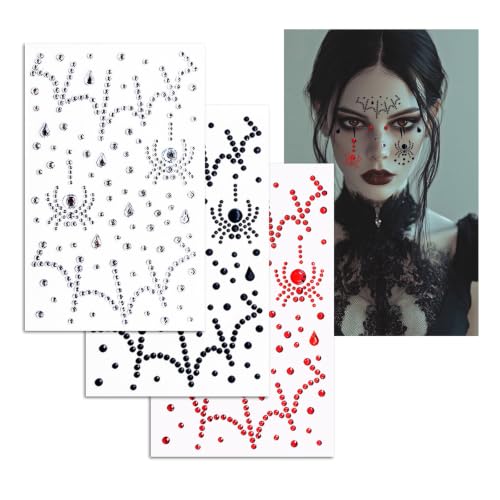 3PCS Halloween Face Gems Set - Spider Web Rhinestones for Women with Red, White, Black Variations