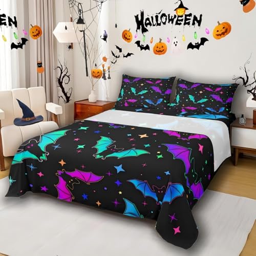 Halloween Bat Bedding Set Full Size Multi 10 - Kids Galaxy Bed Sheets with Glitter Stars