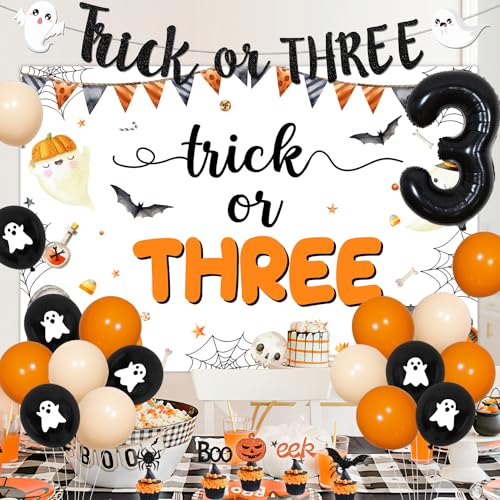 Halloween Trick or Three Party Decorations Kit with Banner Balloons & Cake Toppers