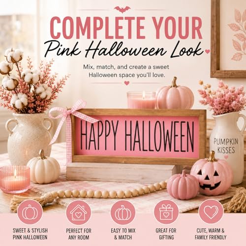 Happy Halloween Sign - Pink Halloween Decor for Wall Shelf Table & Desk - Pink Variation