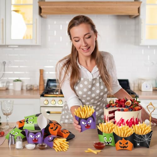 Halloween French Fries Holder Set - 40 Pcs Spooky Snack Cups with Monster, Vampire, Pumpkin & Spider Web Designs
