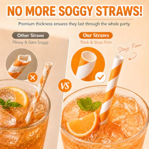 Orange Striped Paper Drinking Straws - Halloween & Party Decor - 100 Pack