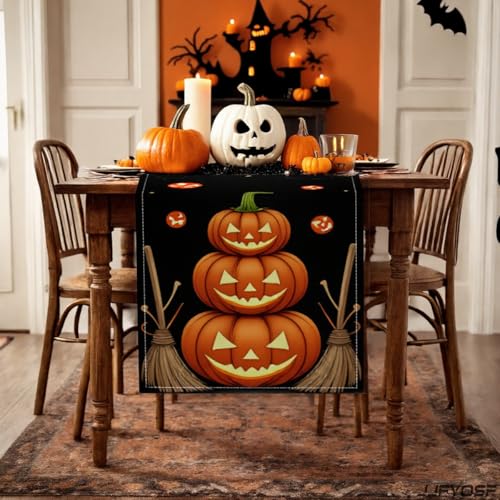 Halloween Table Runner - Stacked Jack-O'-Lantern Pumpkins with Witch Broom Design, 13x72 Inch, Fall Home Decor - Pumpkin & Broom Variation