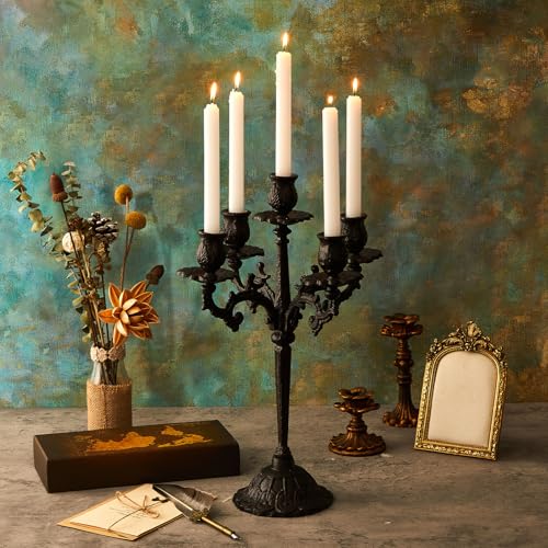 Vintage Black Cast Iron 5-Arm Candelabra - Gothic Table Centerpiece, 16.7" Tall