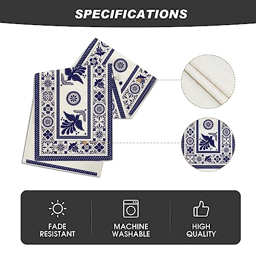 Mexican Floral Bird Table Runner 13x90 Inch Blue Patchwork Tiles Home Decor