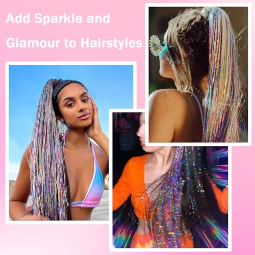 Rainbow Hair Tinsel Extensions Kit for Women & Kids - Glitter Sparkly Strands with Tools & Beads