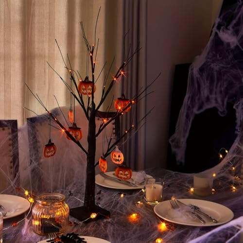 Black Halloween Tabletop Tree Set with Orange LED Lights - 24 Inch, Battery Operated, Indoor Decor