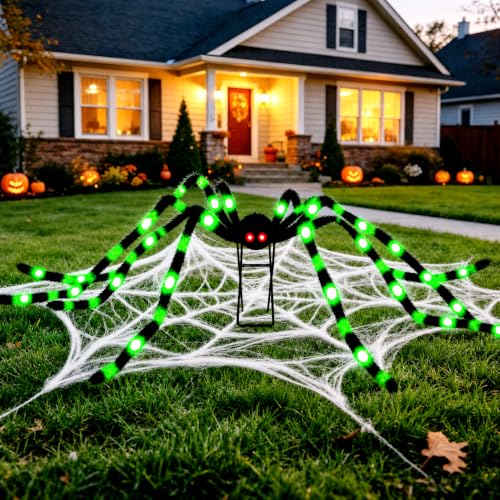6.6 Ft Giant Black & Green Halloween Spider with 36 LED Lights & Metal Stand - 1 Pack