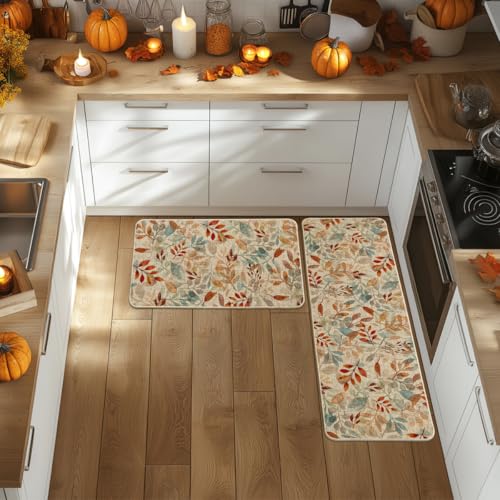Eucalyptus Leaf Kitchen Mats Set of 2 Non-Slip Durable 17x29 & 17x47 Inches